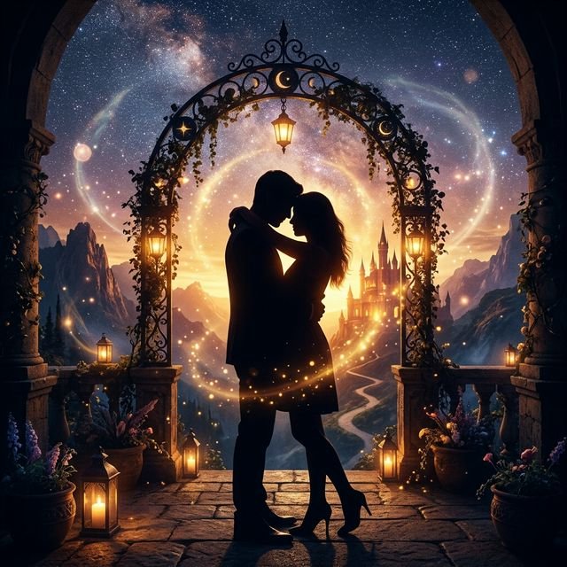 Silhouette de couple en retrouvailles amoureuses sous un ciel étoilé - Retour du Partenaire